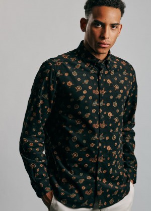 Black Ben Sherman Retro Floral Print Corduroy Shirts | 0742MXOAF