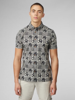 Black Ben Sherman Signature Checkerboard Paisley Print Shirts | 1396NOJQV