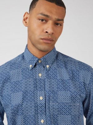 Blue Ben Sherman Chambray Patchwork Geo Print Long-Sleeve Shirts | 4598YAHDB