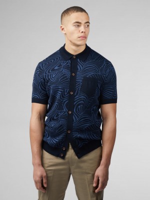 Navy Ben Sherman B by Ben Sherman Swirl Jacquard Button Through Polo Knitwear | 3687IMGLK