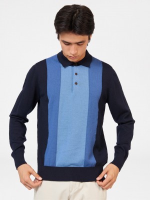 Navy Ben Sherman Block Stripe Merino Polo Neck Sweaters | 3657UNDFG