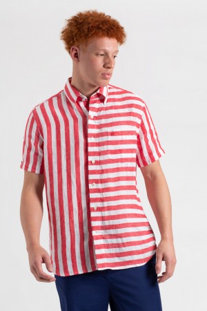 Pink Red Ben Sherman B by Ben Sherman Candy Stripe Linen Short Sleeve Shirts | 1639JUBKL