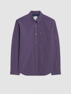 Purple Ben Sherman Signature Gingham Long-Sleeve Shirts | 3104QJATY