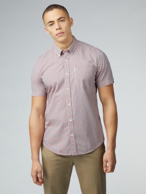 Red / White Ben Sherman Signature Short Sleeve Gingham Shirts | 5362NDJGU