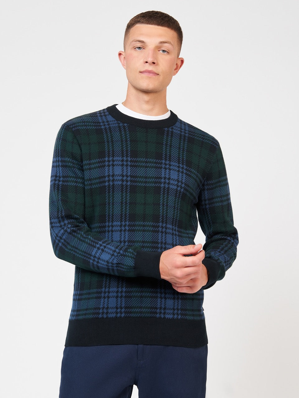 Black Ben Sherman Blackwatch Check Crewneck Knitwear | 3961WPHGK