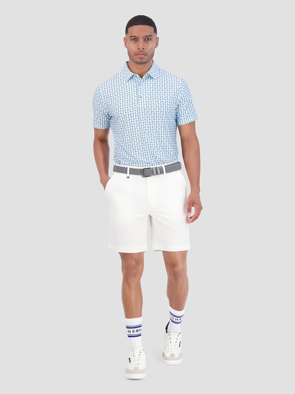 Blue Ben Sherman Bauhaus Geo Tech Jersey Sports Fit Polo Shirts | 2874YJUGW