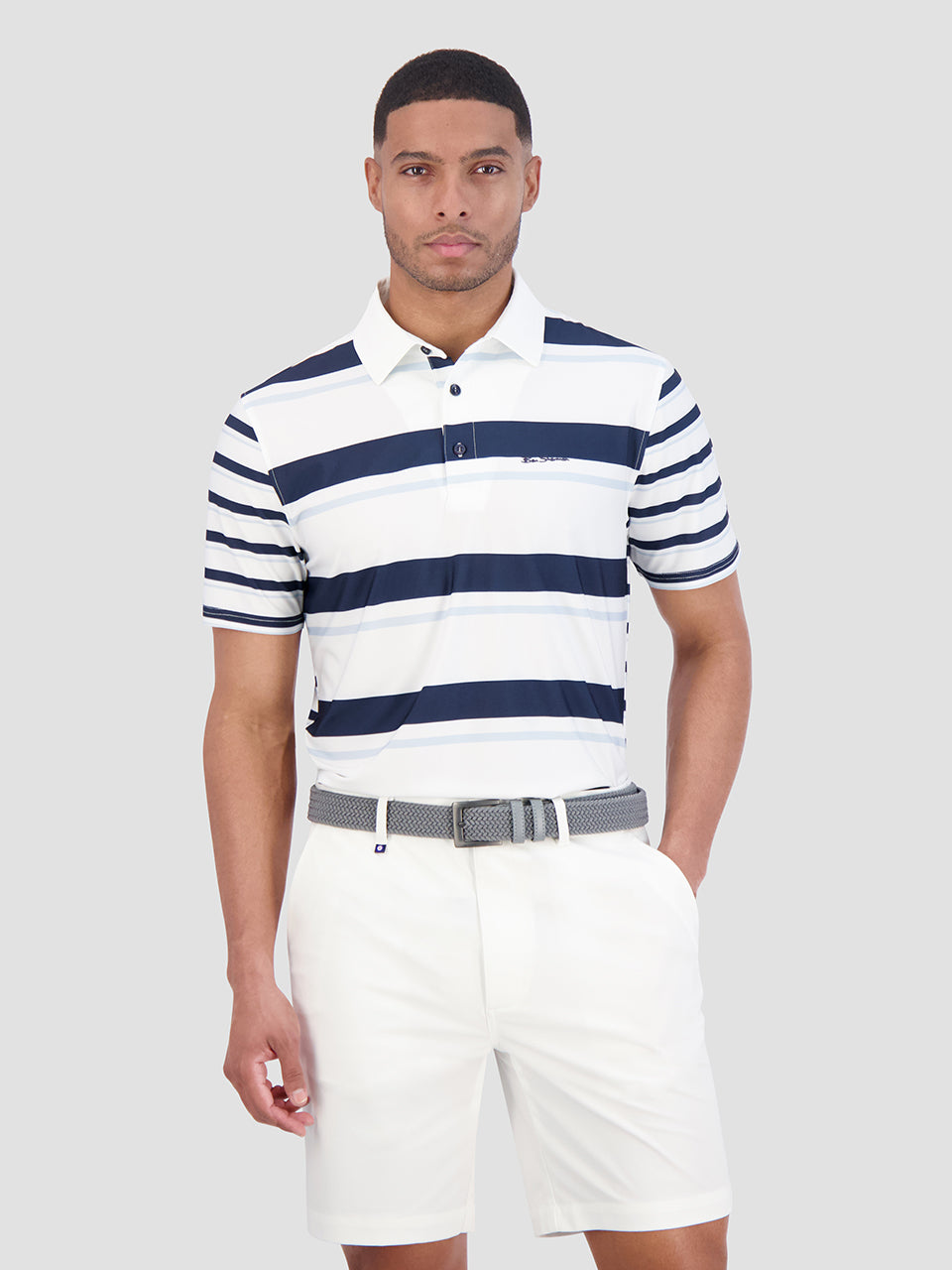 Blue Ben Sherman Mixed Mod Stripes Tech Jersey Sports Fit Polo Shirts | 3810XEZBN