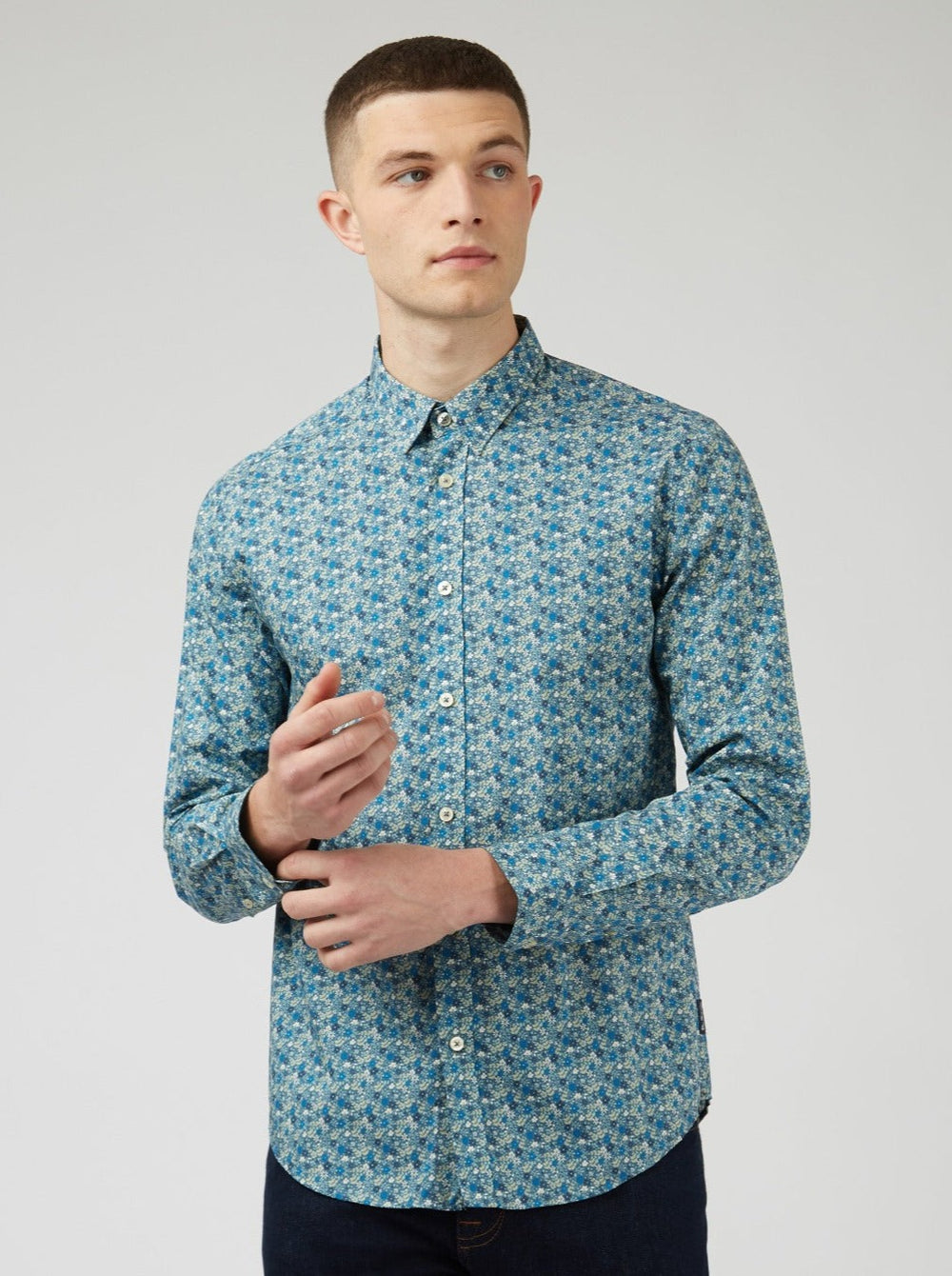 Blue Grey Ben Sherman Floral Print Long-Sleeve Shirts | 3459WTVKL