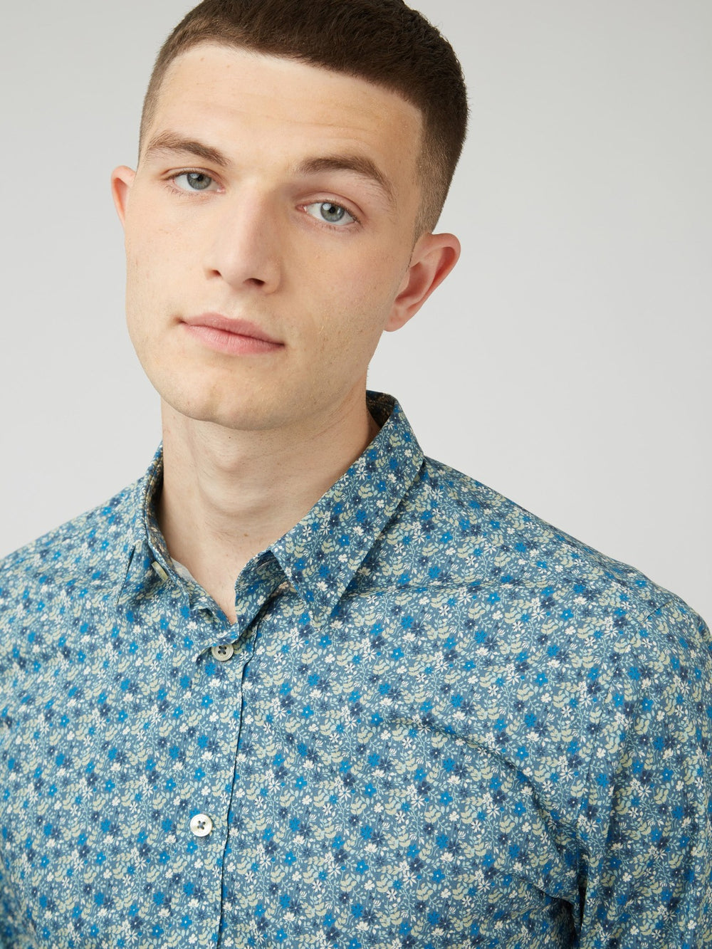 Blue Grey Ben Sherman Floral Print Long-Sleeve Shirts | 3459WTVKL