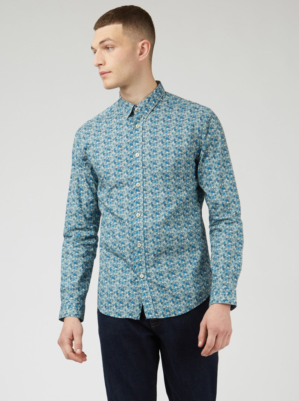 Blue Grey Ben Sherman Floral Print Long-Sleeve Shirts | 3459WTVKL