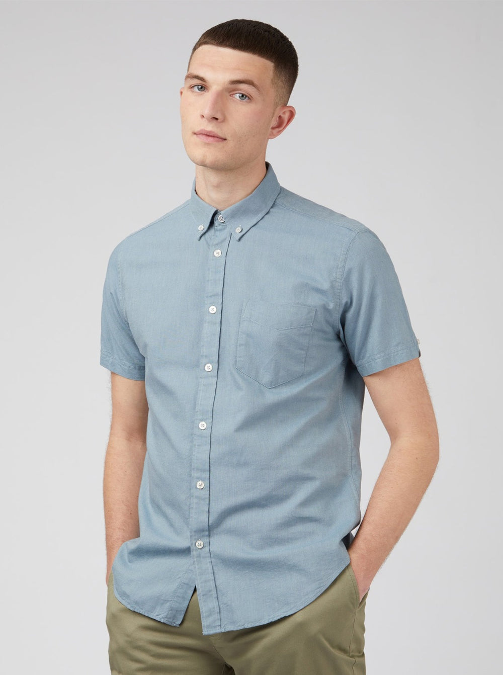 Blue Grey Ben Sherman Signature Organic Short-Sleeve Oxford Shadow Shirts | 5031ISOKW