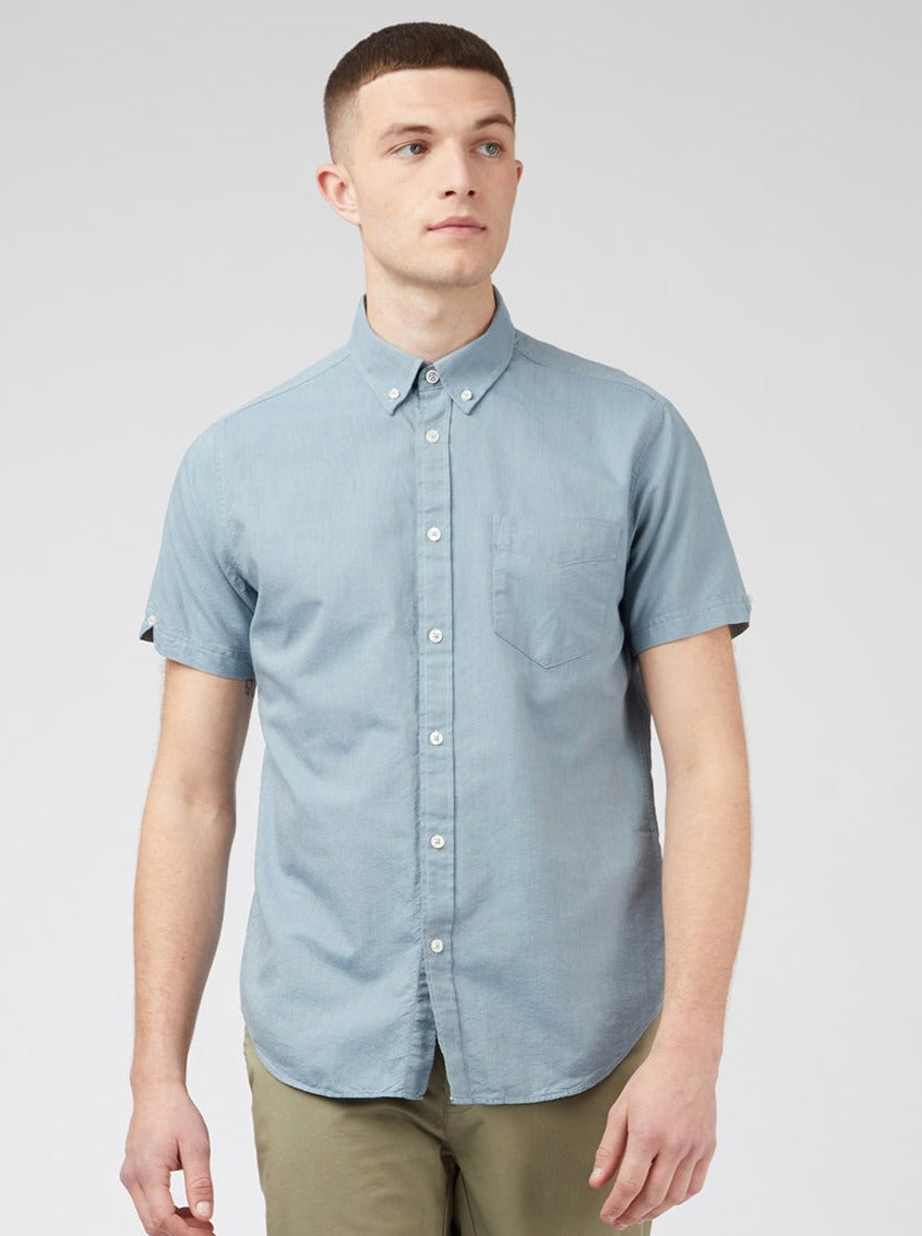 Blue Grey Ben Sherman Signature Organic Short-Sleeve Oxford Shadow Shirts | 5031ISOKW