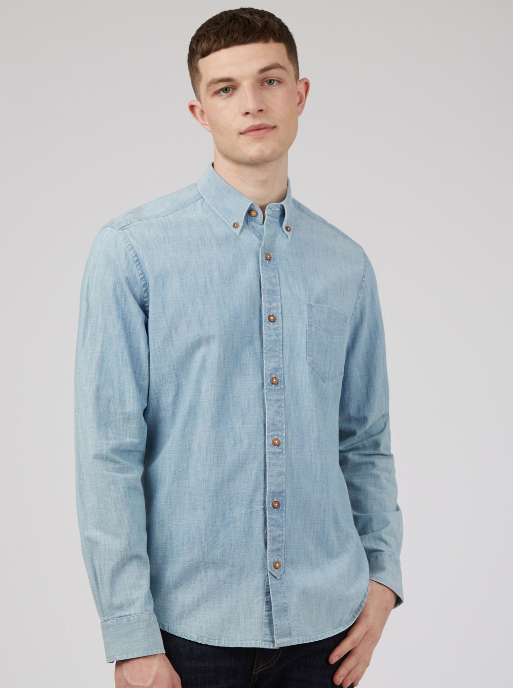 Blue / Navy Ben Sherman Long-Sleeve Chambray Shirts | 6219VOUTM