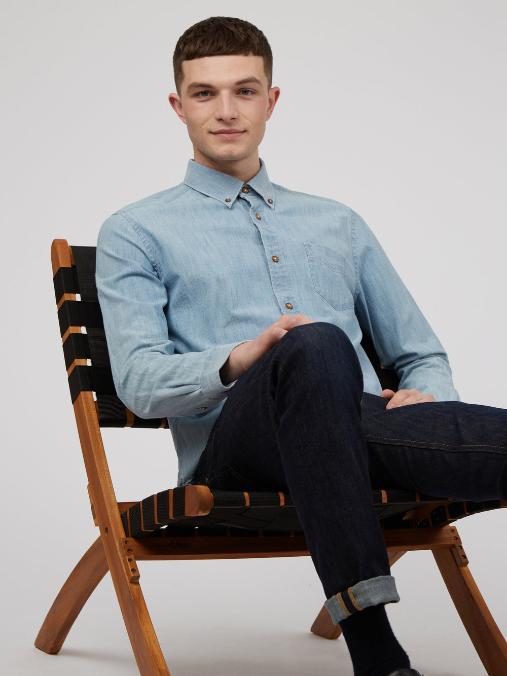 Blue / Navy Ben Sherman Long-Sleeve Chambray Shirts | 6219VOUTM