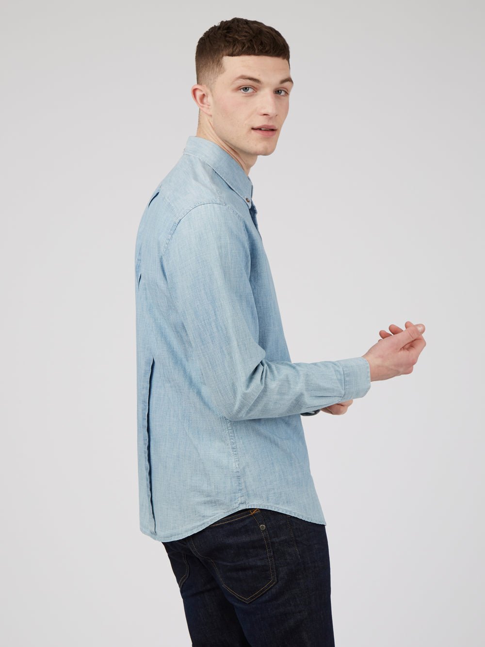 Blue / Navy Ben Sherman Long-Sleeve Chambray Shirts | 6219VOUTM