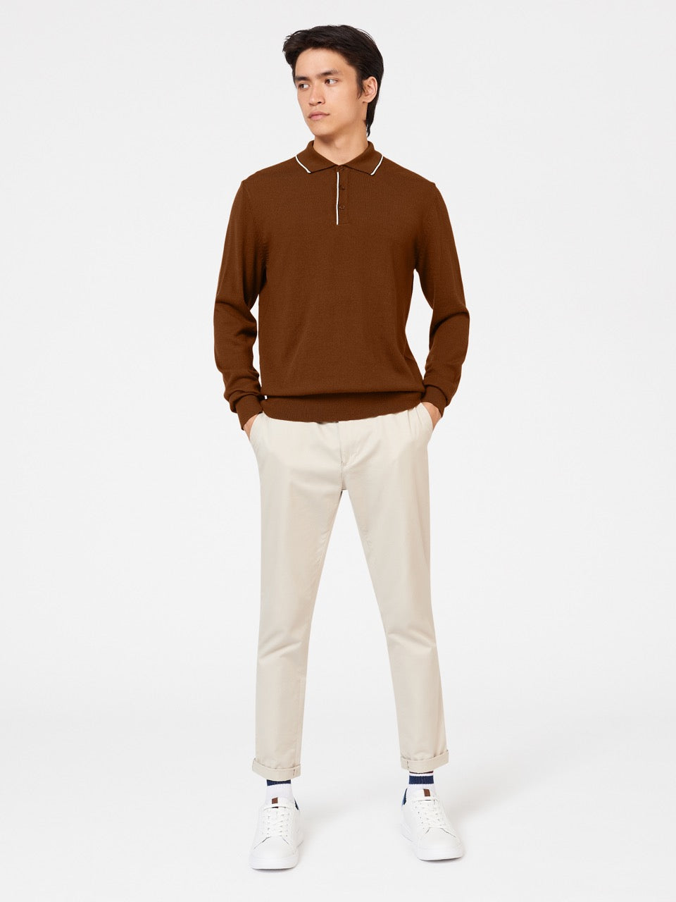 Brown Ben Sherman Tipped Merino Polo Neck Sweaters | 1694EUNKS