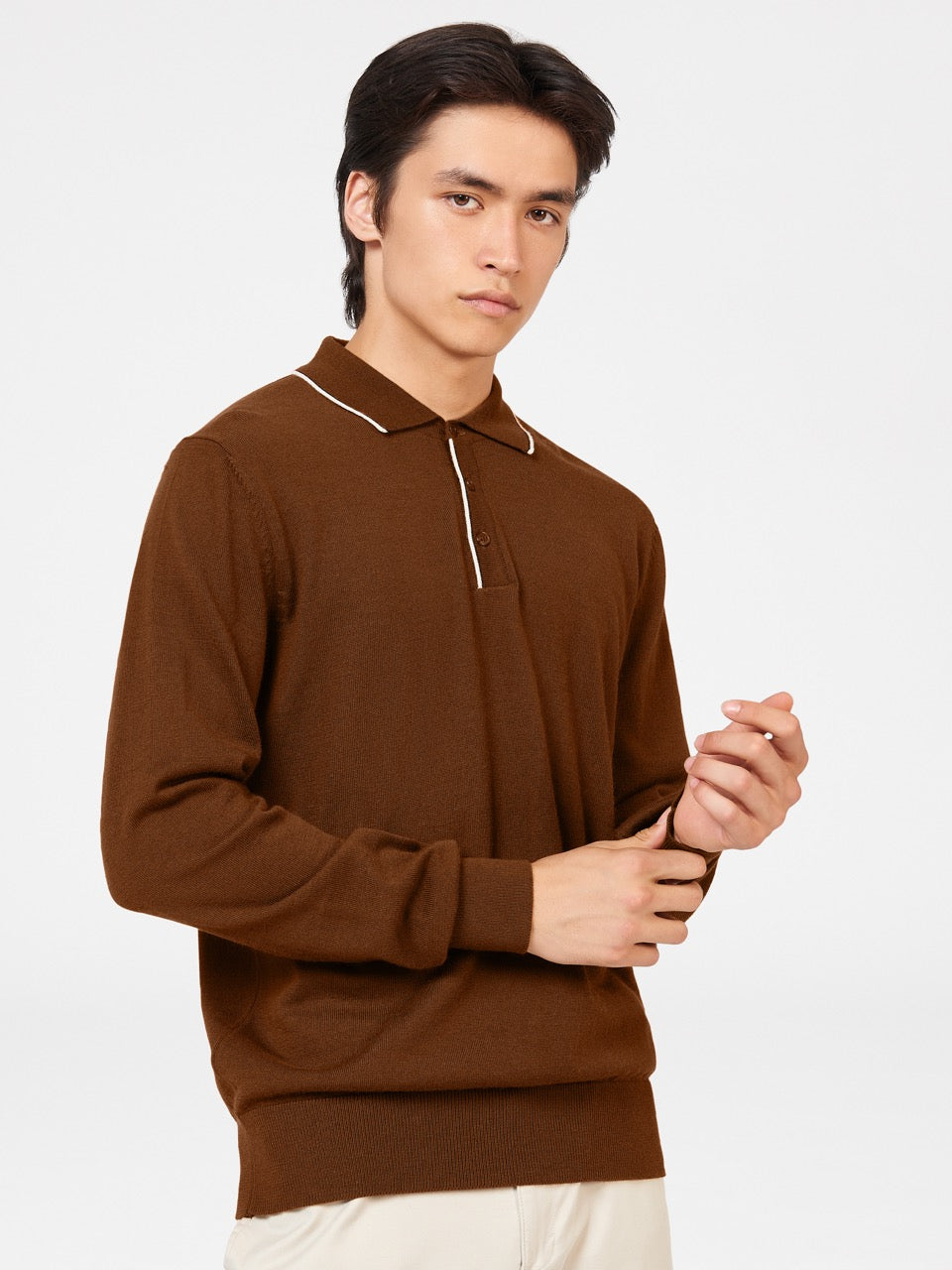 Brown Ben Sherman Tipped Merino Polo Neck Sweaters | 1694EUNKS