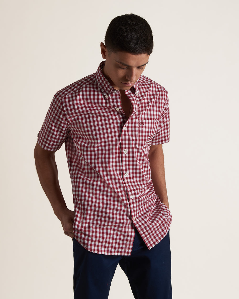 Burgundy Ben Sherman Short Sleeve House Poplin Gingham Shirts | 2756WOYPR