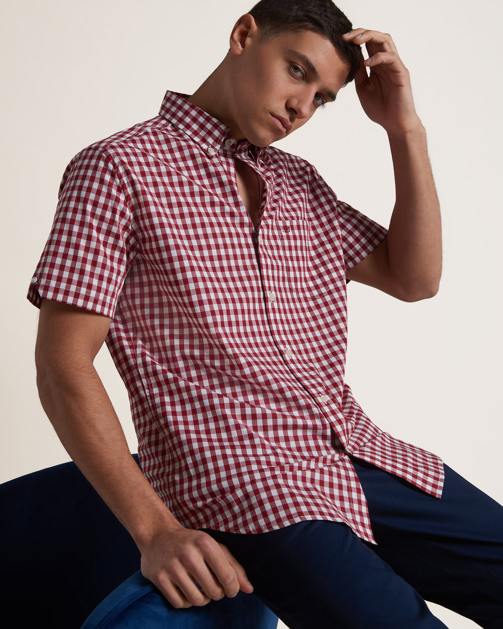 Burgundy Ben Sherman Short Sleeve House Poplin Gingham Shirts | 2756WOYPR