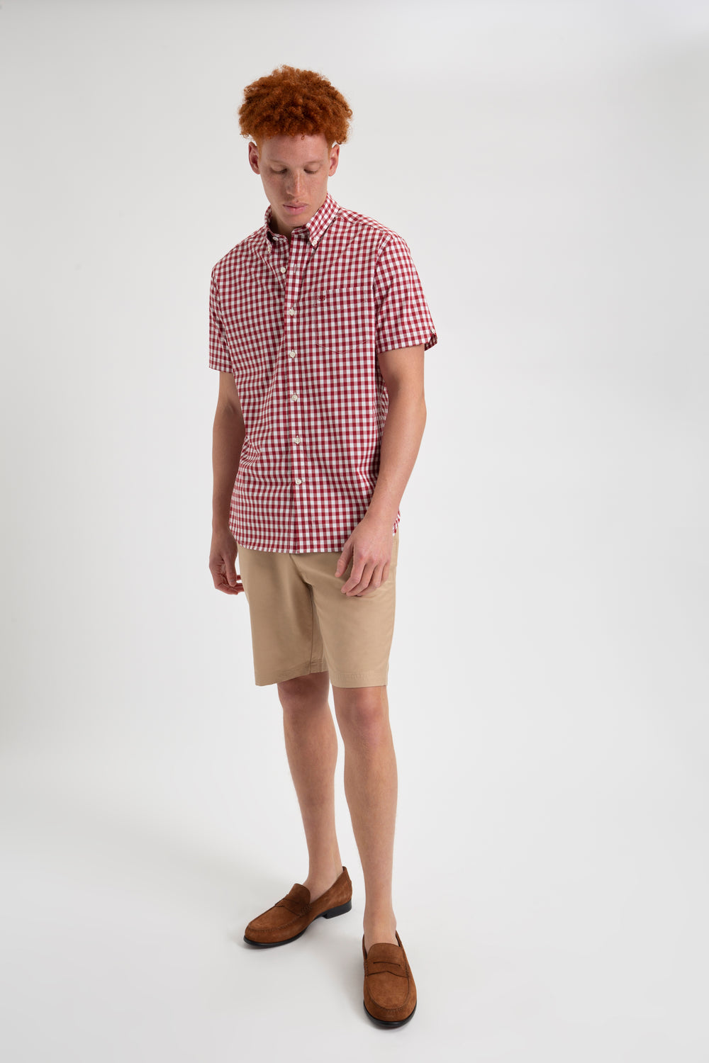 Burgundy Ben Sherman Short Sleeve House Poplin Gingham Shirts | 2756WOYPR