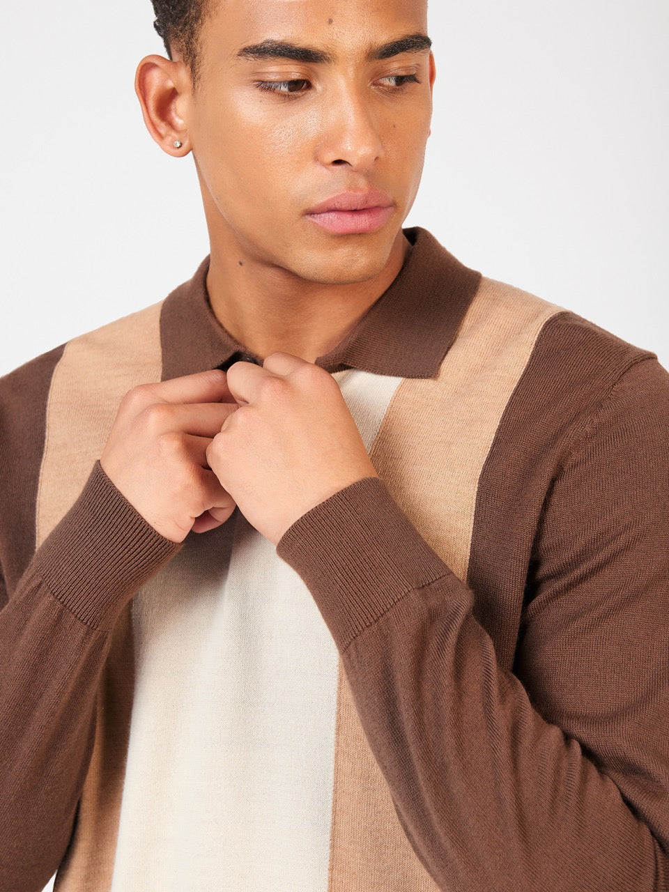 Chocolate Ben Sherman Block Stripe Merino Polo Neck Sweaters | 3169QGRCA