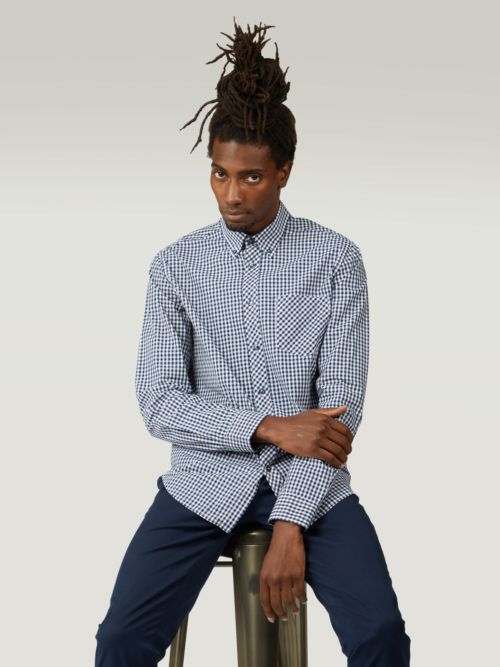 Dark Blue Ben Sherman Signature Long-Sleeve Gingham Shirts | 9530ZWGFJ