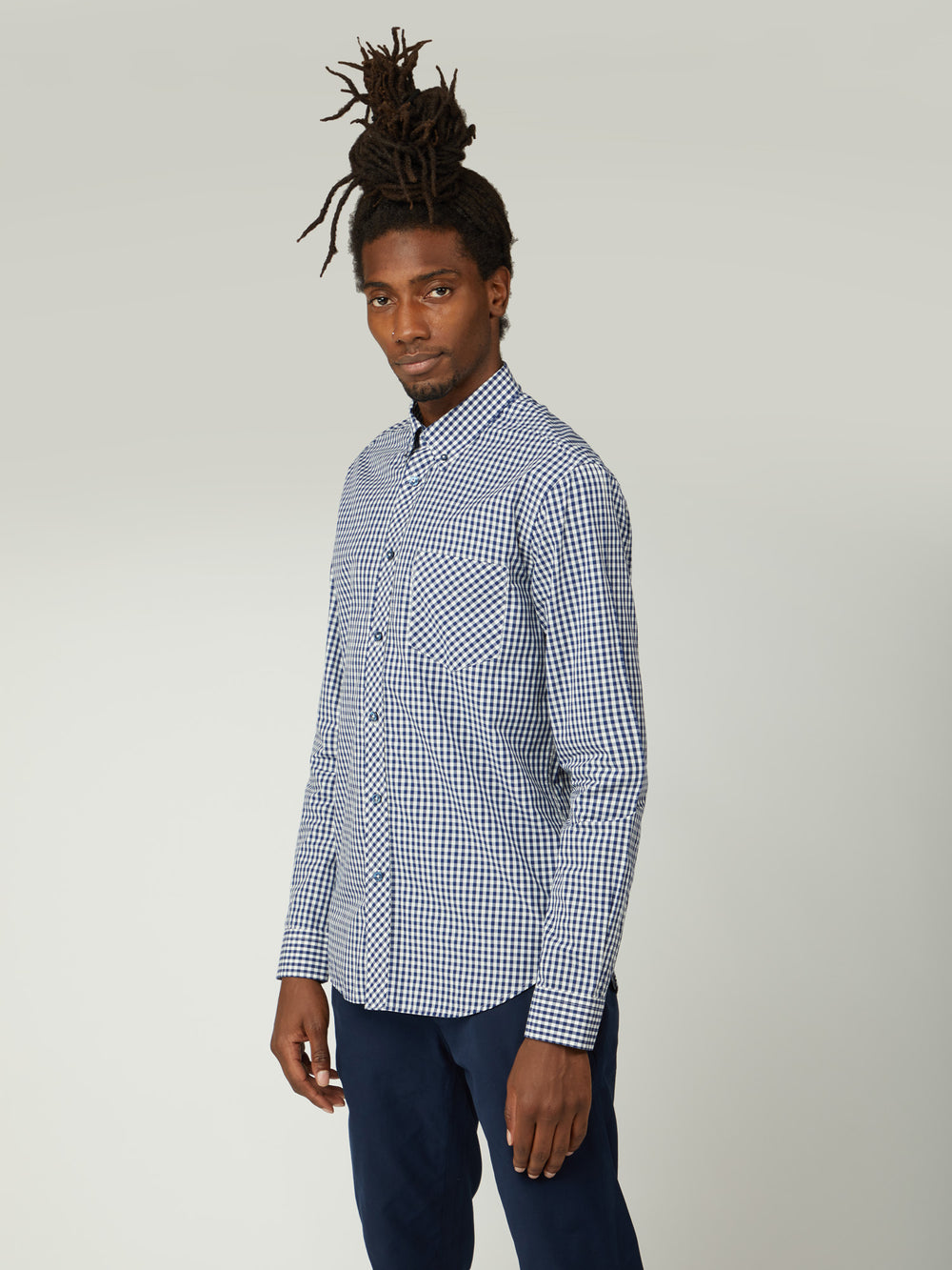 Dark Blue Ben Sherman Signature Long-Sleeve Gingham Shirts | 9530ZWGFJ