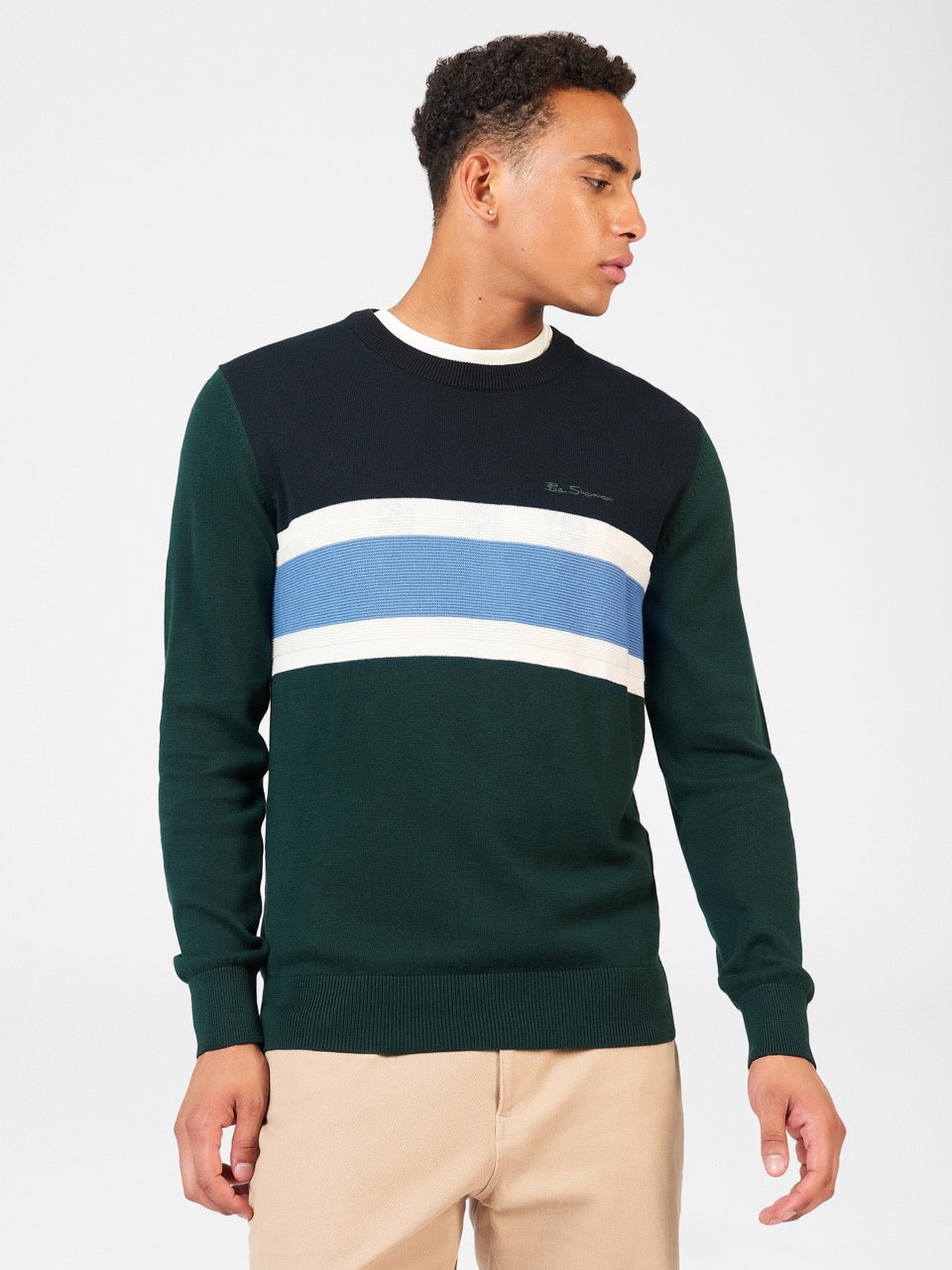 Dark Green Ben Sherman Chest Stripe Crewneck Knitwear | 5967DUSQA