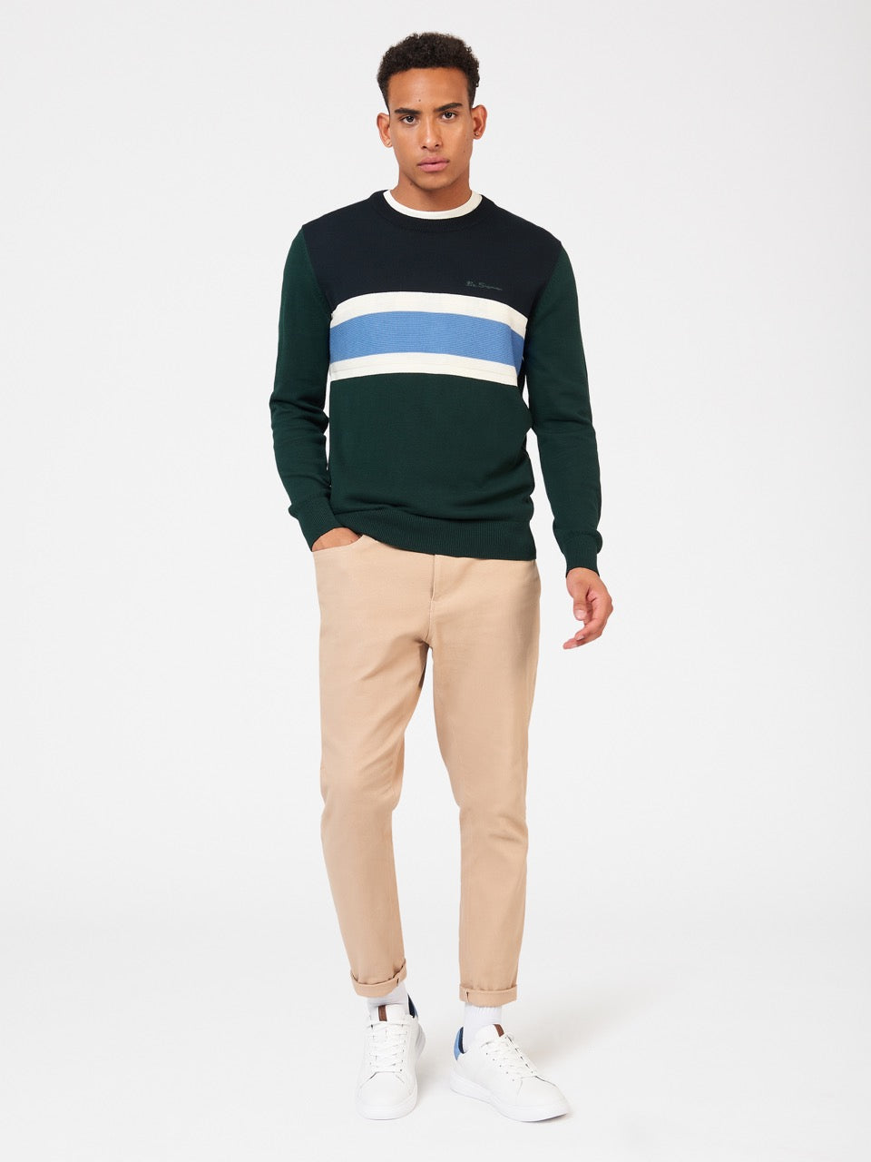 Dark Green Ben Sherman Chest Stripe Crewneck Knitwear | 5967DUSQA