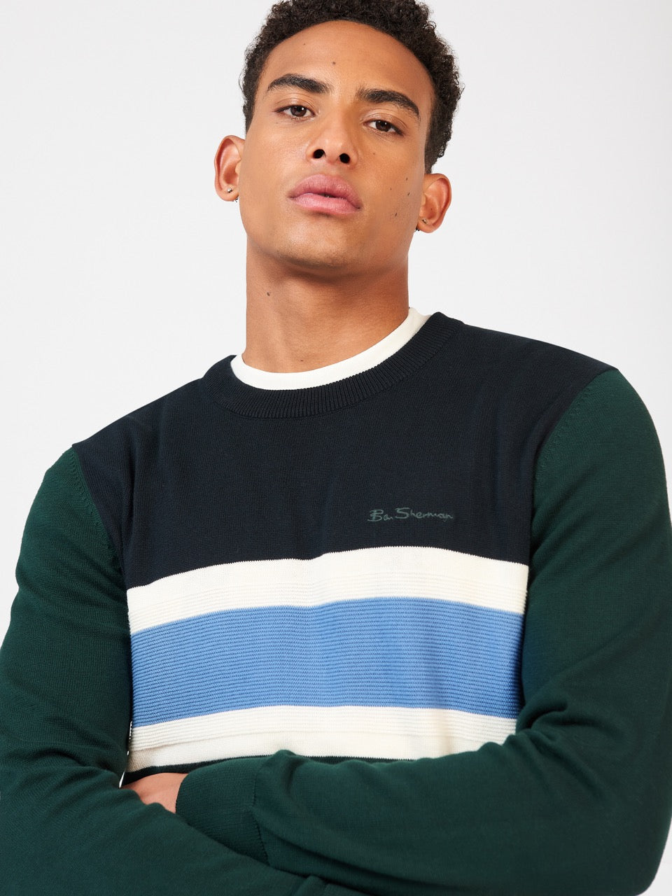 Dark Green Ben Sherman Chest Stripe Crewneck Knitwear | 5967DUSQA