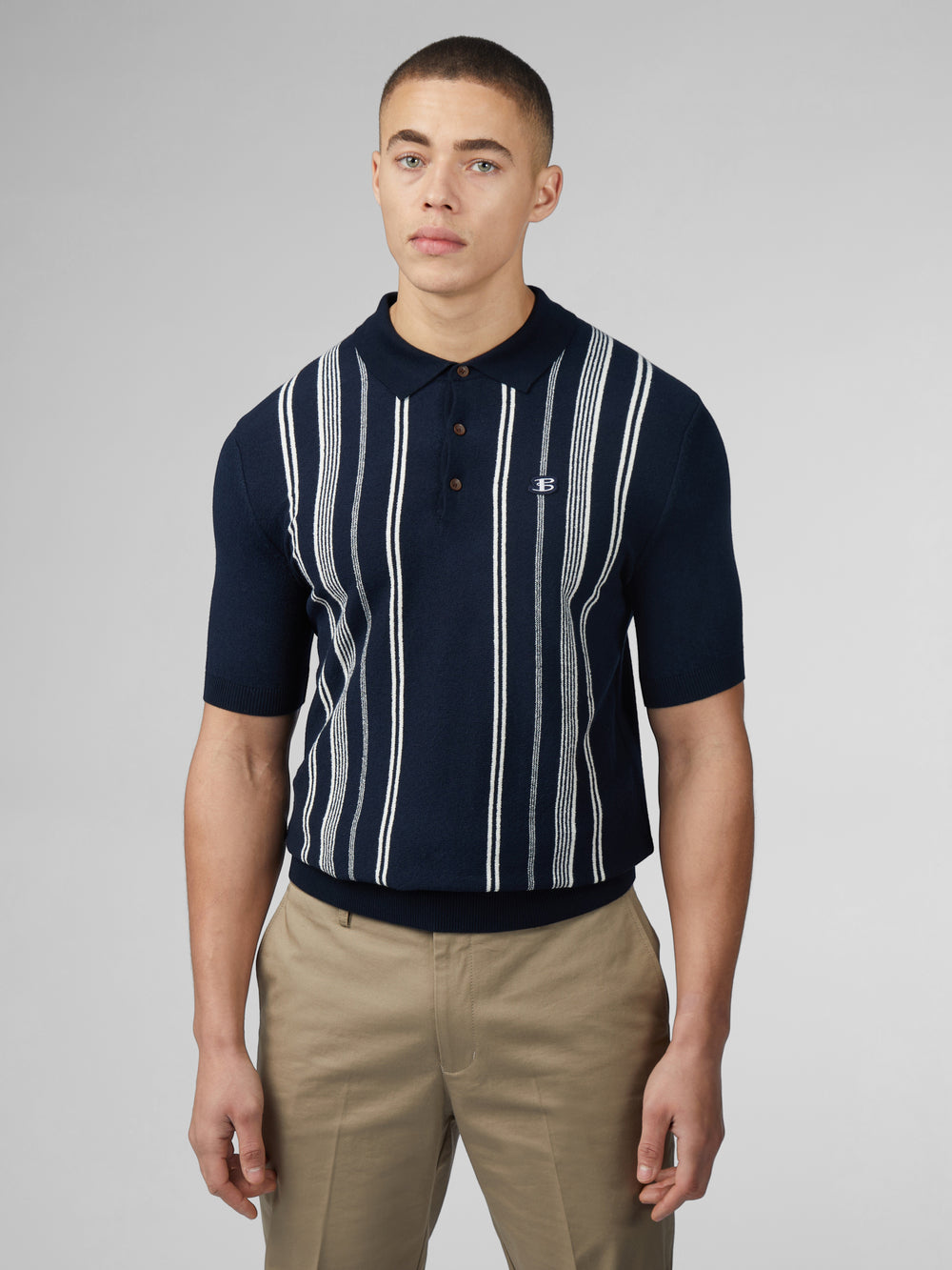 Navy Ben Sherman B by Ben Sherman Crinkle Cotton Stripe Polo Knitwear | 4937NUCGK