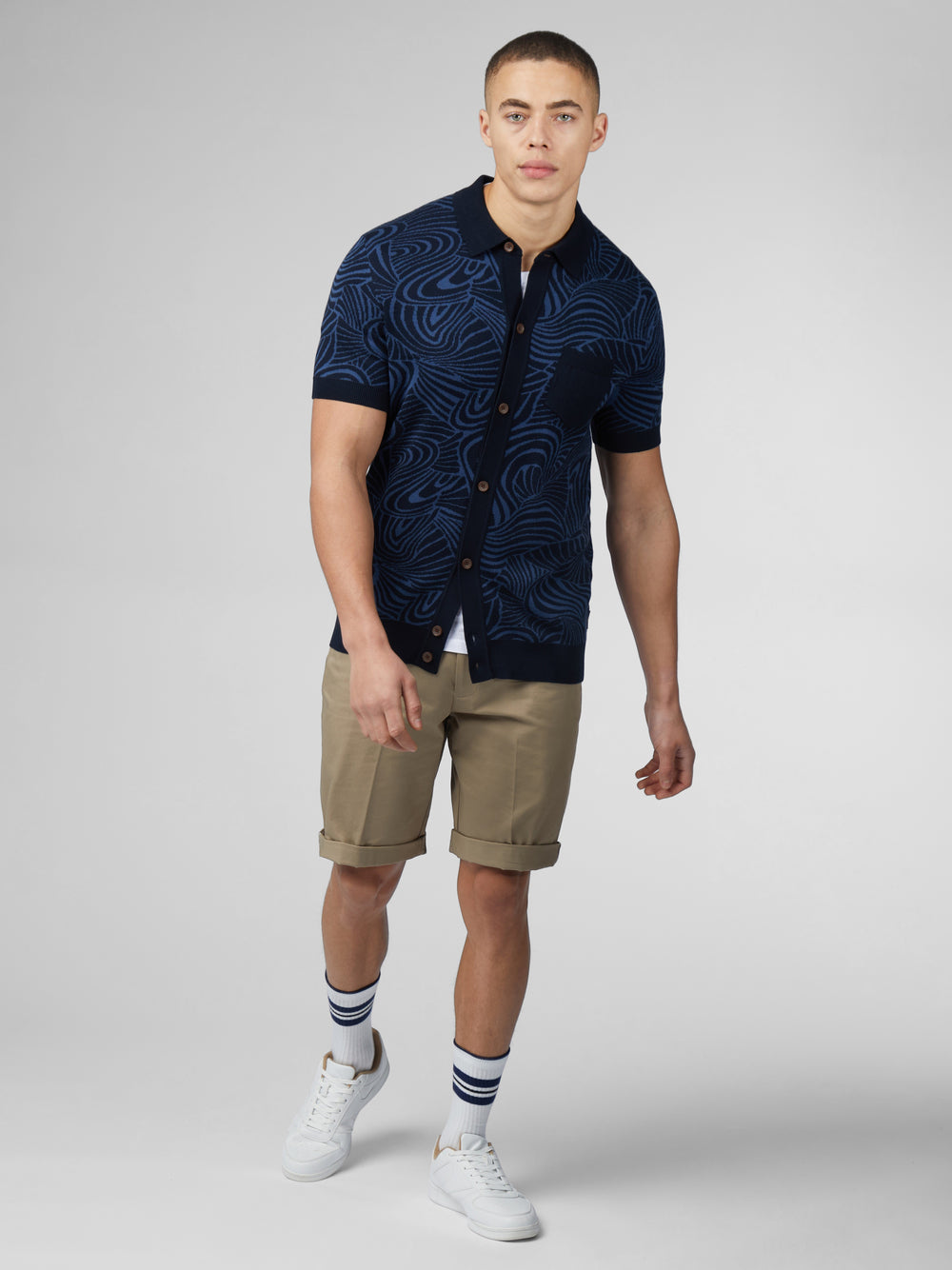 Navy Ben Sherman B by Ben Sherman Swirl Jacquard Button Through Polo Knitwear | 3687IMGLK