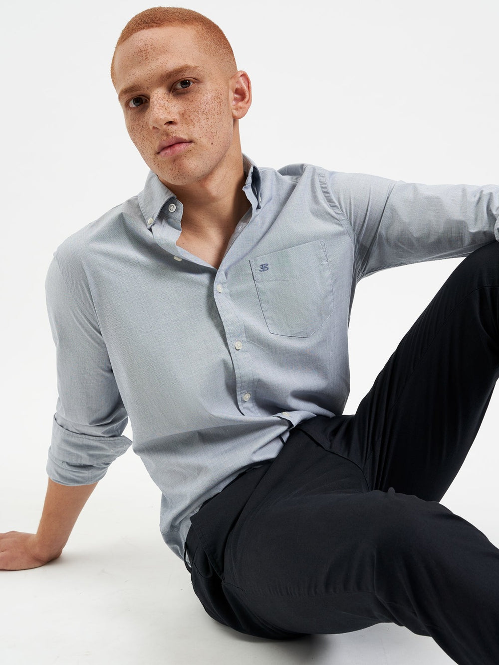 Navy Ben Sherman Beatnik Wash Long-Sleeve Shirts | 8624HUNFJ