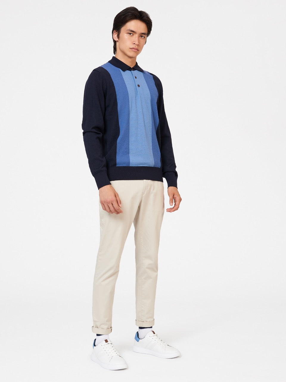 Navy Ben Sherman Block Stripe Merino Polo Neck Sweaters | 3657UNDFG