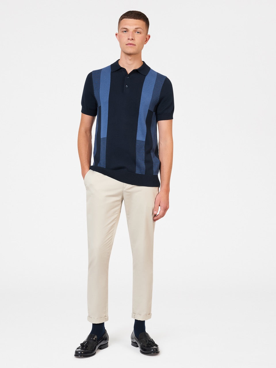 Navy Ben Sherman Intarsia Stripe Polo Neck Sweaters | 8237CUTJN