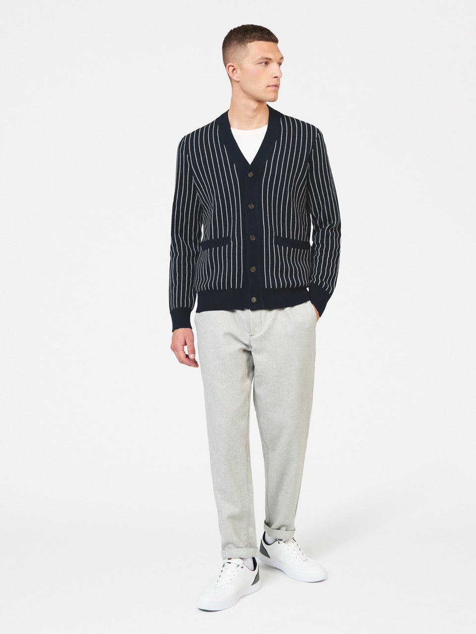 Navy Ben Sherman Jacquard Stripe Cardigan Knitwear | 4253ZDWVS