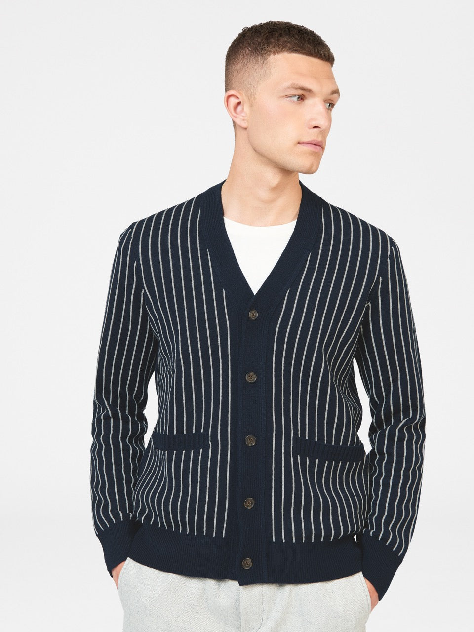 Navy Ben Sherman Jacquard Stripe Cardigan Knitwear | 4253ZDWVS