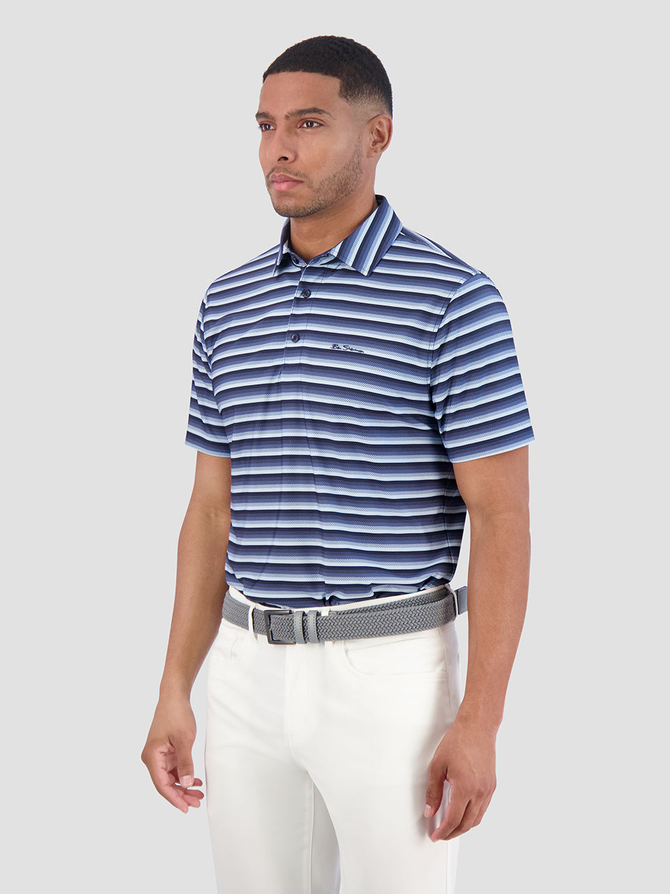 Navy Ben Sherman Multi Stripe Tech Jersey Sports Fit Polo Shirts | 2489XJPCU