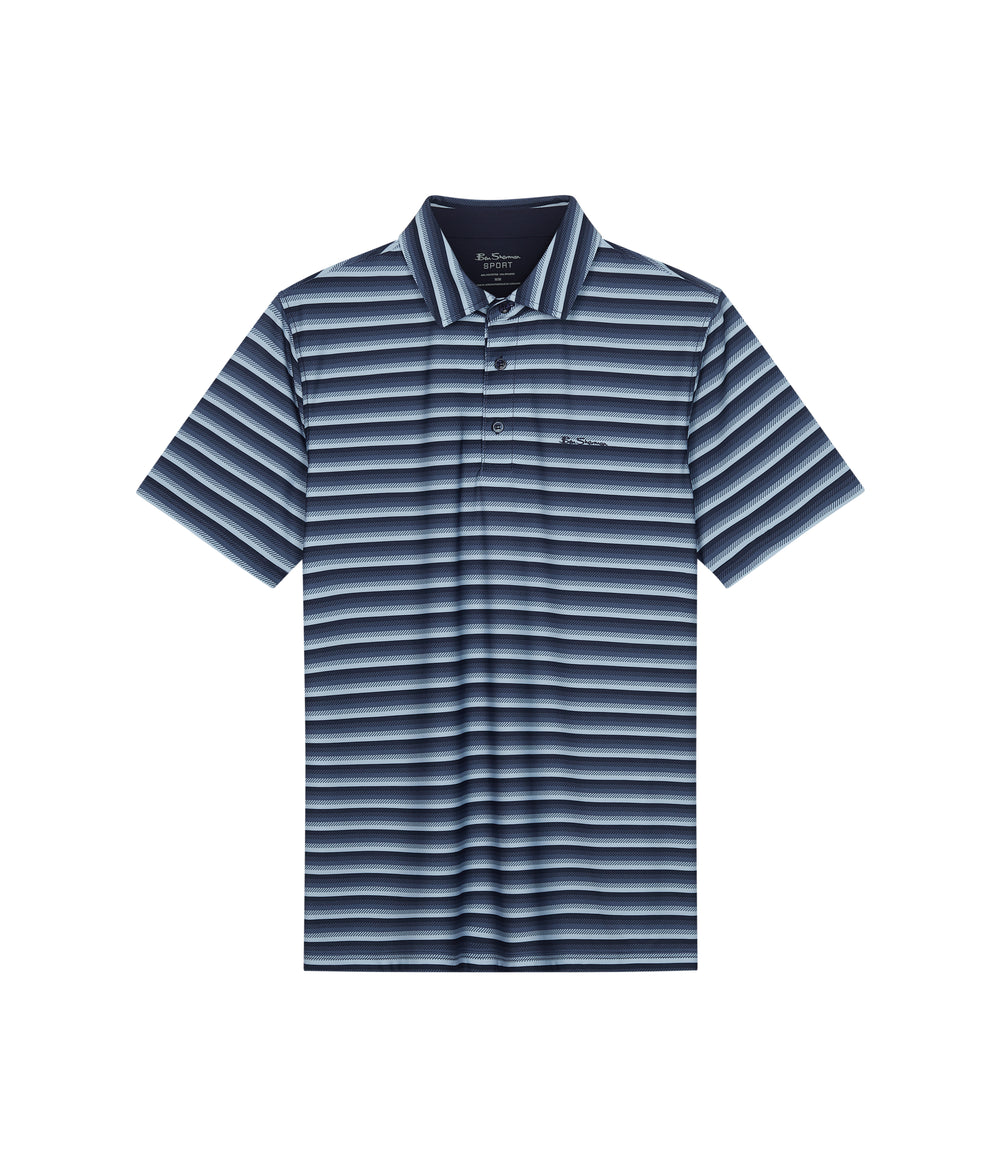 Navy Ben Sherman Multi Stripe Tech Jersey Sports Fit Polo Shirts | 2489XJPCU