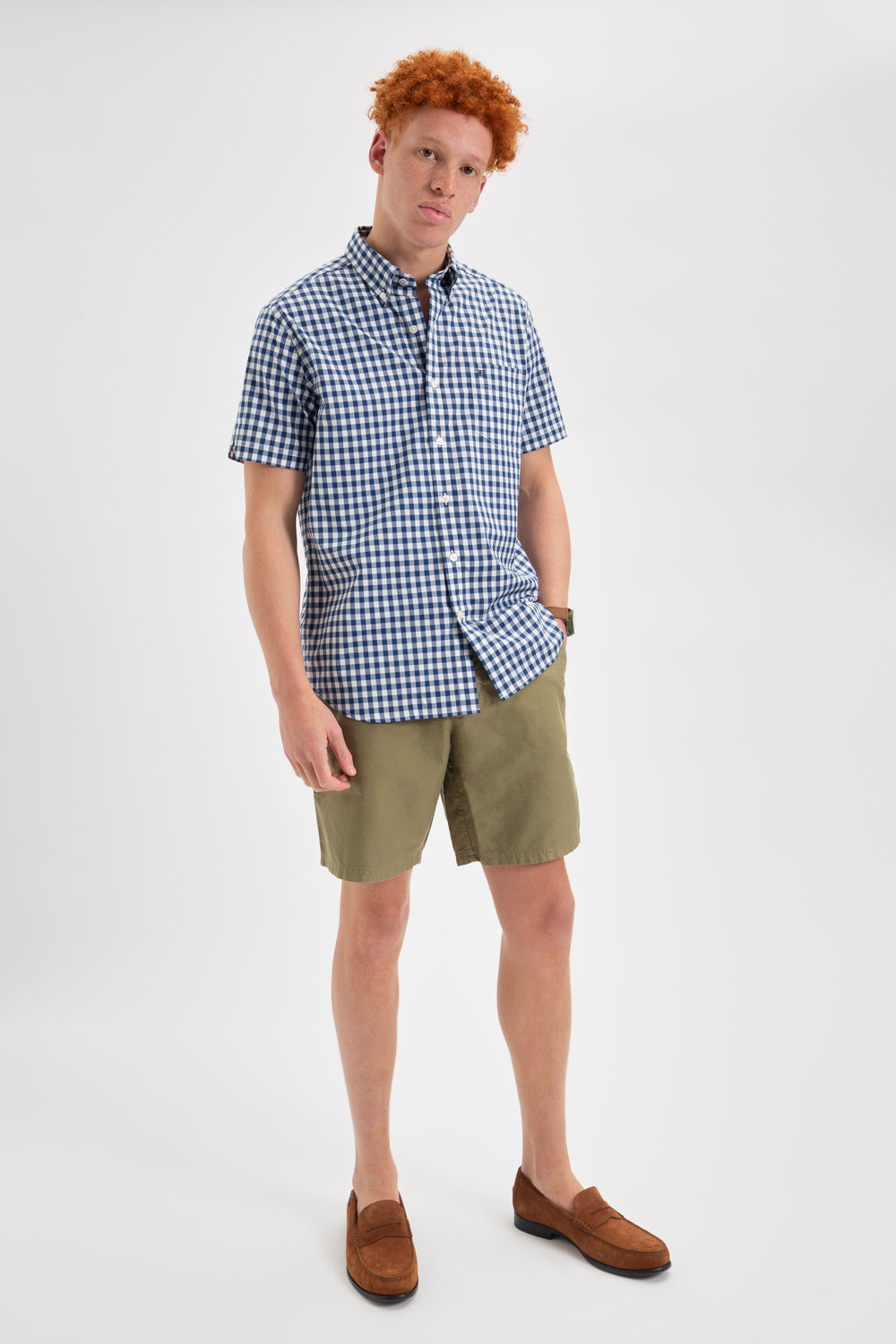 Navy / Olive Ben Sherman Short Sleeve House Poplin Gingham Shirts | 7864VPQJK