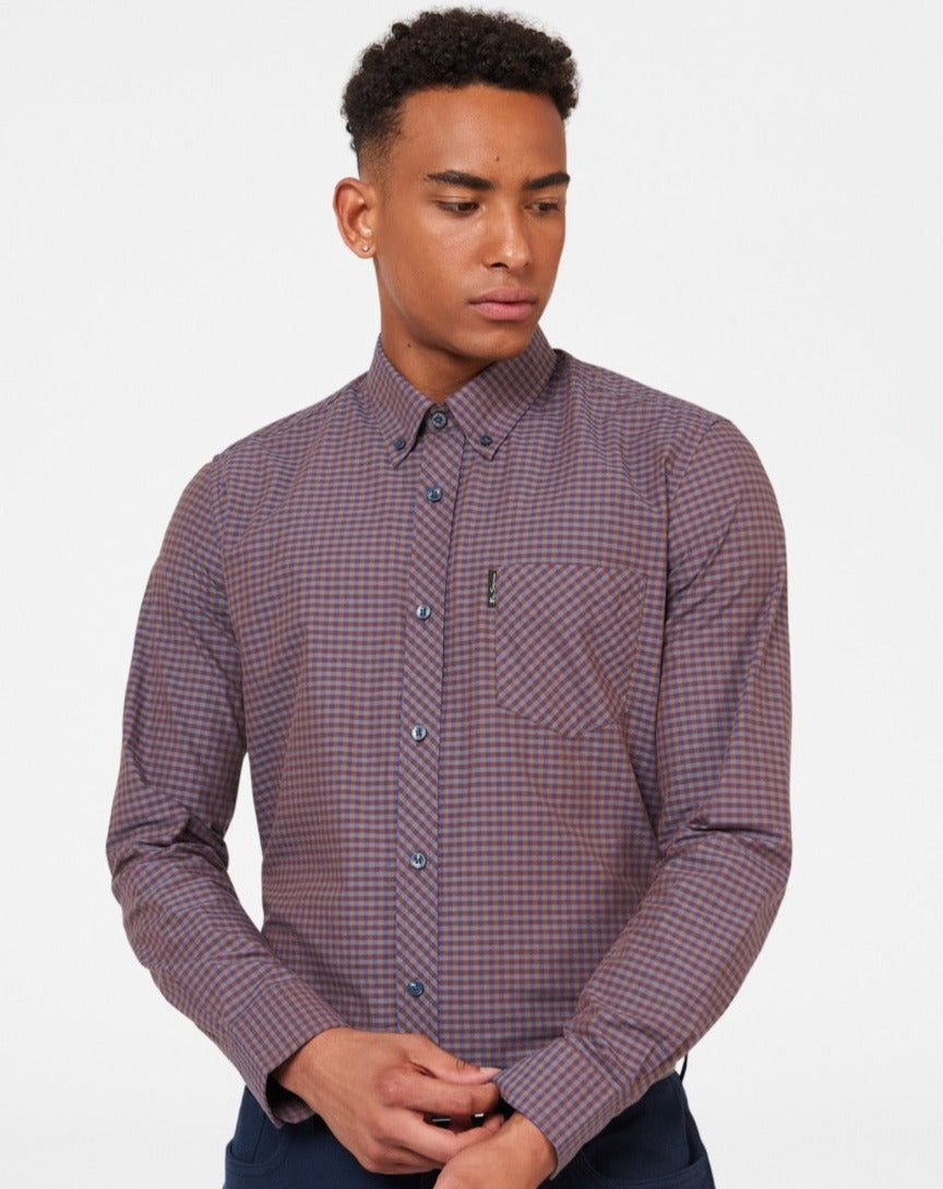 Purple Ben Sherman Signature Gingham Long-Sleeve Shirts | 9648YZKEA