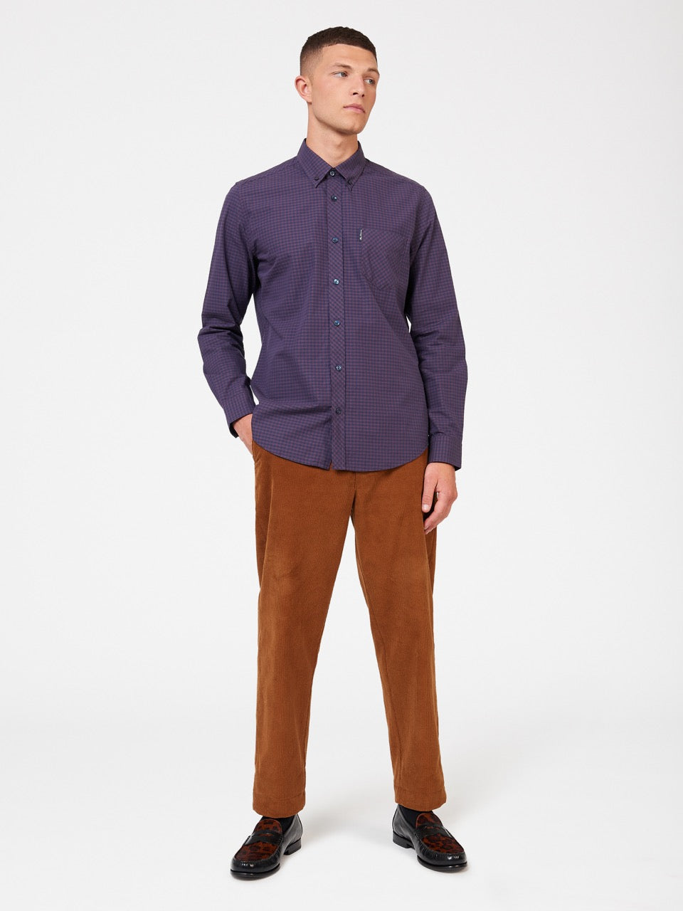 Purple Ben Sherman Signature Gingham Long-Sleeve Shirts | 3104QJATY