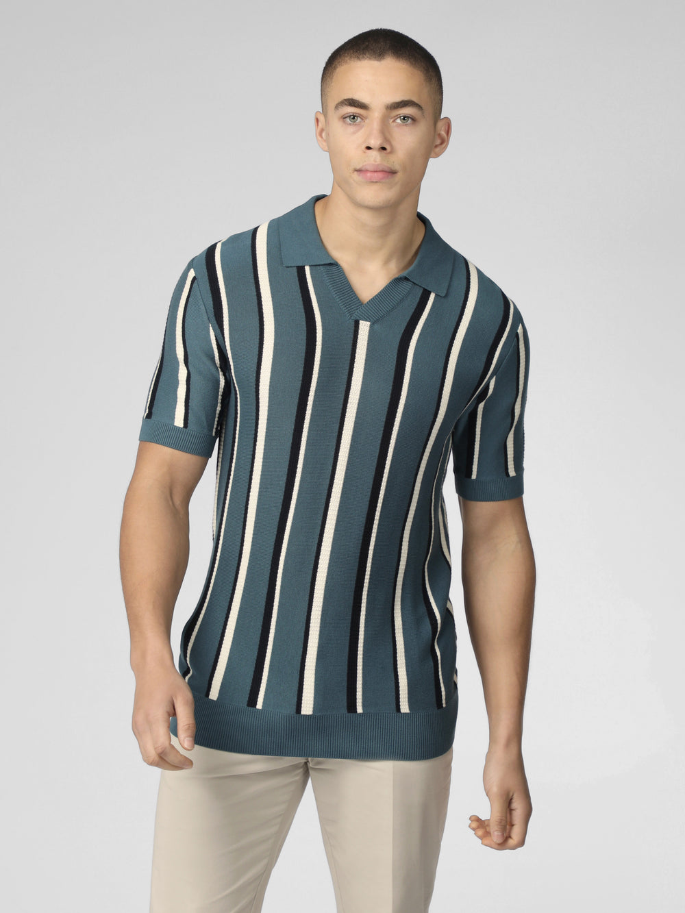 Turquoise Ben Sherman Signature Vertical Stripe Open Neck Polo Knitwear | 6032HMRLQ