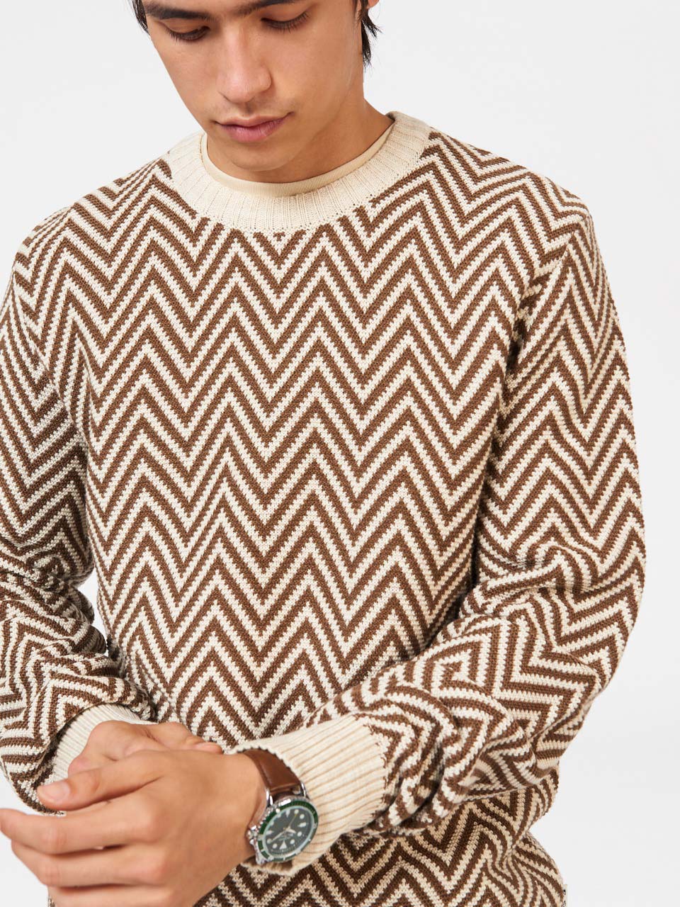 White Ben Sherman Chevron Jacquard Crewneck Knitwear | 7901XFWBY