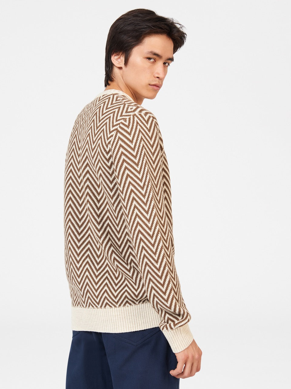 White Ben Sherman Chevron Jacquard Crewneck Knitwear | 7901XFWBY