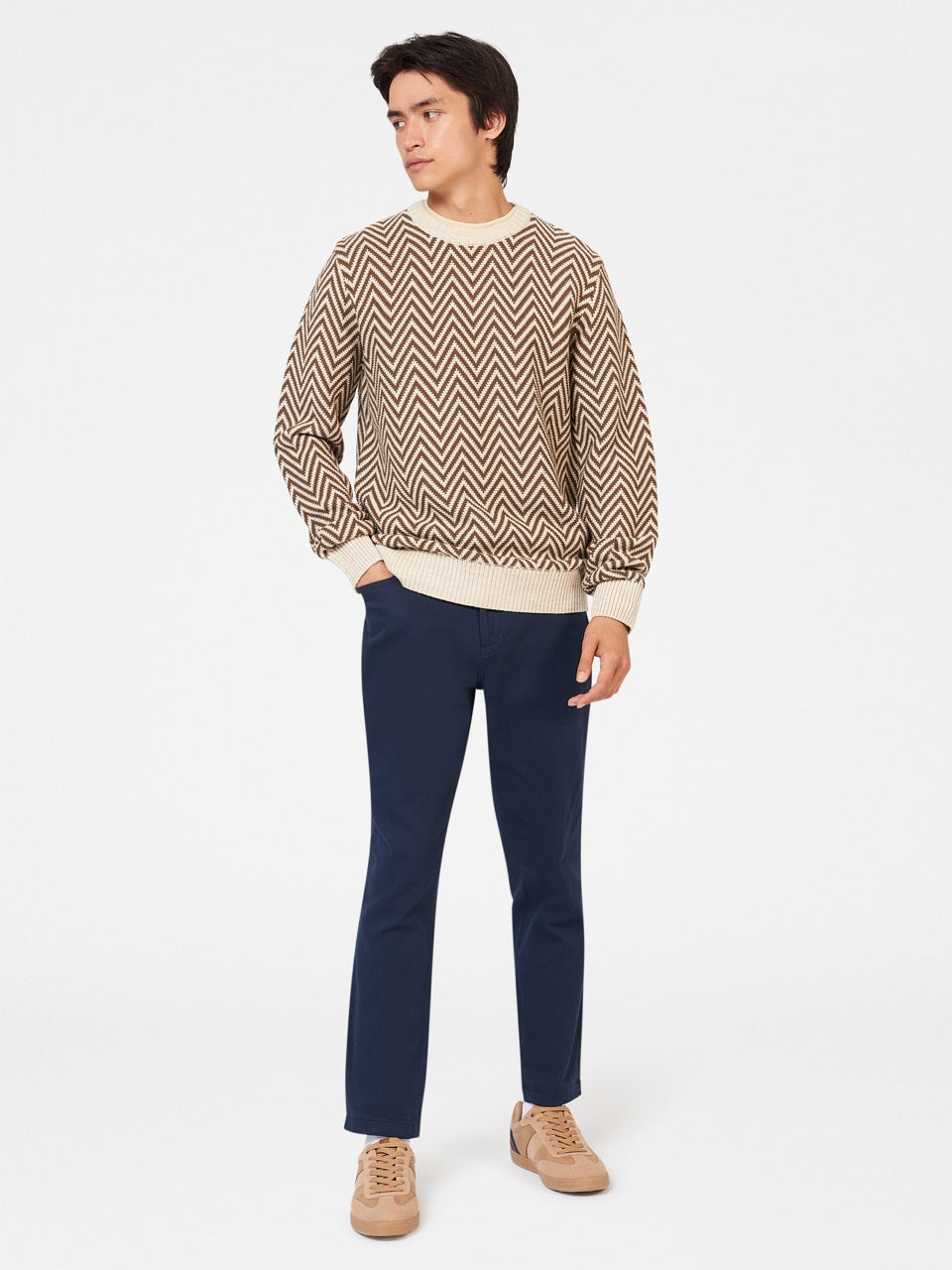 White Ben Sherman Chevron Jacquard Crewneck Knitwear | 7901XFWBY