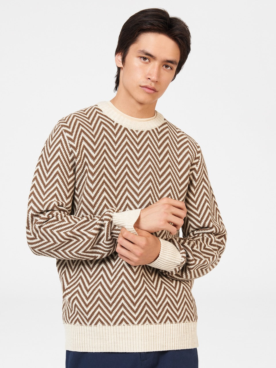 White Ben Sherman Chevron Jacquard Crewneck Knitwear | 7901XFWBY